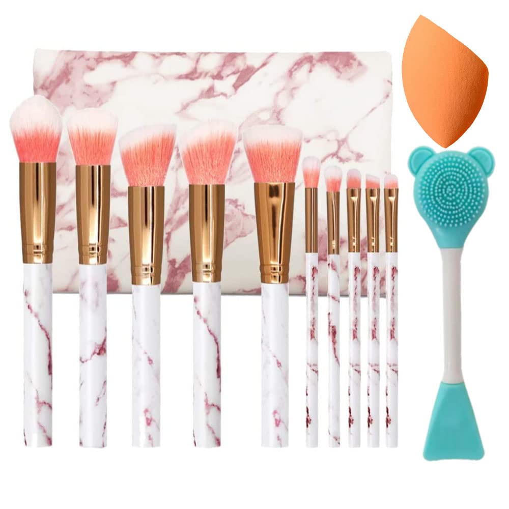 NEVSETPO Marble Pink Makeup Brushes, 12Pcs Make Up Brushes for Women Travel-Friendly Makeup Bag, Brushes & Sponges, Synthetic Eyeshadow Contour Make-up Gift for Teenage Girls Kids