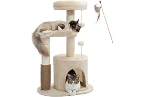 MUTTROS Small Cat Tree for Indoor Cats, Medium Cat Tower with Interactive Cat Toy, 32.7" Cat Condo with Self Groomer Brush, Natural Cat Scratching Post, Dangling Balls for Small & Medium Cats, Beige
