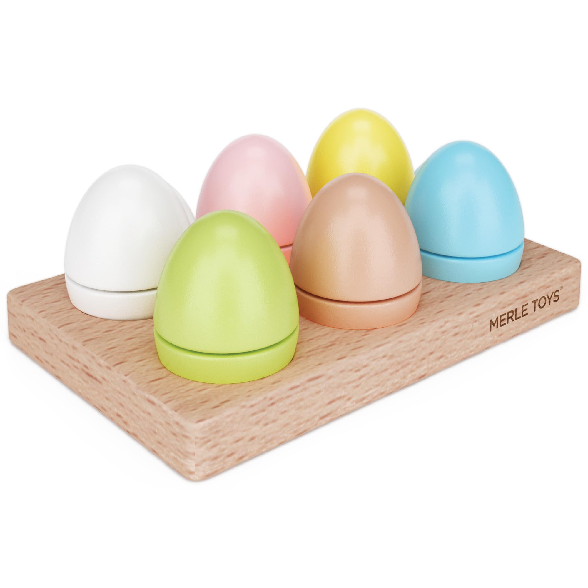 MERLE TOYS – Wooden Eggs with Velcro: Montessori toy for kids aged 2, 3, 4 years, children's kitchen accessory, wooden toy for toddlers, 6 colourful eggs with a wooden base
