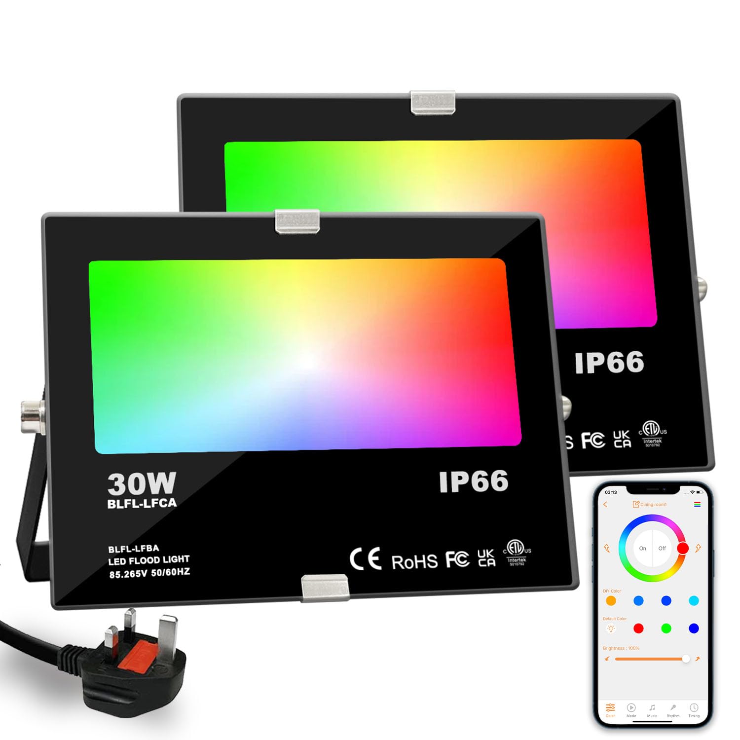 HEKEE LED RGB Floodlights Outdoor, 300W Equivalent, Smart Colour Changing Flood Lights, APP Controlled, Timing, IP66 Waterproof, UK Plug (2 Pack)