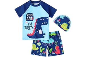 YAGATA Baby Toddler Boys 3 Pieces Swimsuit Set Boys Swimwear Dinosaur Bathing Suit Rash Guards UPF 50+