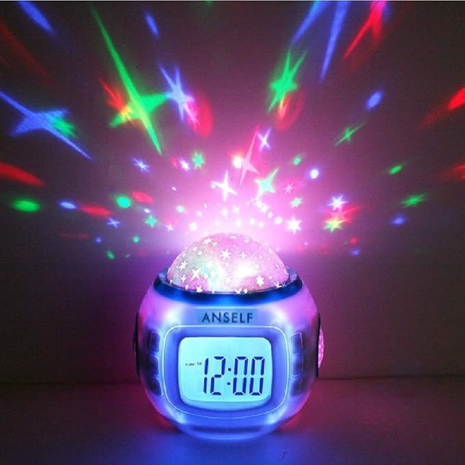 Decdeal LED Sternenhimmel Kinderwecker Kalender Thermometer Wecker mit Hübschen Klängen und Animiertem Sternenhimmel
