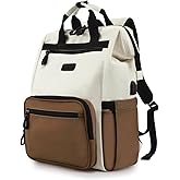 Timeet Laptop Backpack for Women Men, 15.6 Inch Travel Backpack with USB Charging Port, Water Resistant & Anti-theft for Work College Business, Multifunctional Carry on Backpack, White-brown
