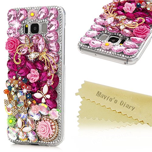 S8 Plus Case - Mavis's Diary 3D Handmade Luxury Crystal Pink Floral Butterfly Colorful Gems Rhinestone Shiny Diamonds Pearl Case Full Edge Hard PC Protective Cover for Samsung Galaxy S8 Plus