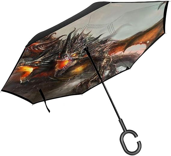 Amazon Co Jp 3つの向かった火呼吸のファンタジー世界装飾イラスト 逆転傘 逆さ傘 車の逆傘 折りたたみ傘 逆折り式傘 自立傘 長傘 日傘 手離れc型手元 耐風超撥水 晴雨兼用 ビジネス用 車用 Uvカット 遮光遮熱 頑丈な8本骨 ホーム キッチン