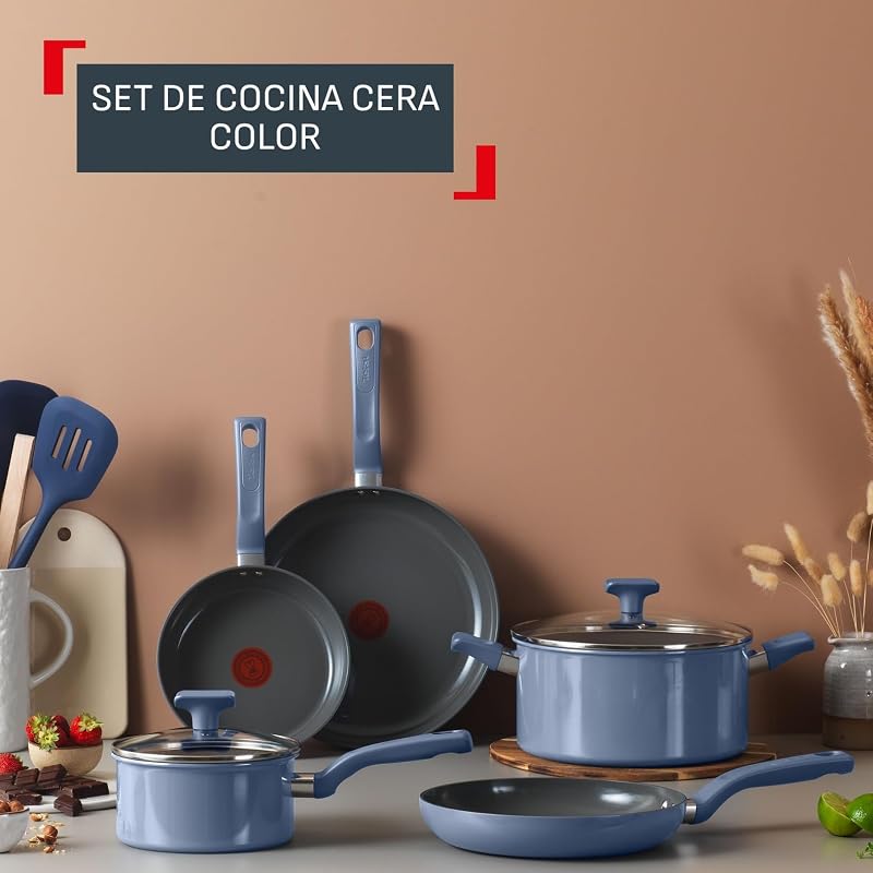 Cera Color On - Juego de 3 sartenes de 20/24/28 cm + Cazo con tapa de 16 cm + Olla con tapa de 24 cm, Revestimiento cerámico antiadherente de aluminio, 100% reciclado, Thermo-Signal