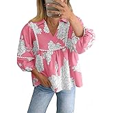 Tankaneo Womens Floral Peplum Babydoll Tops 3/4 Puff Sleeve Pleated Blouse Cute Casual V Neck Loose Fit Flowy Boho Shirts