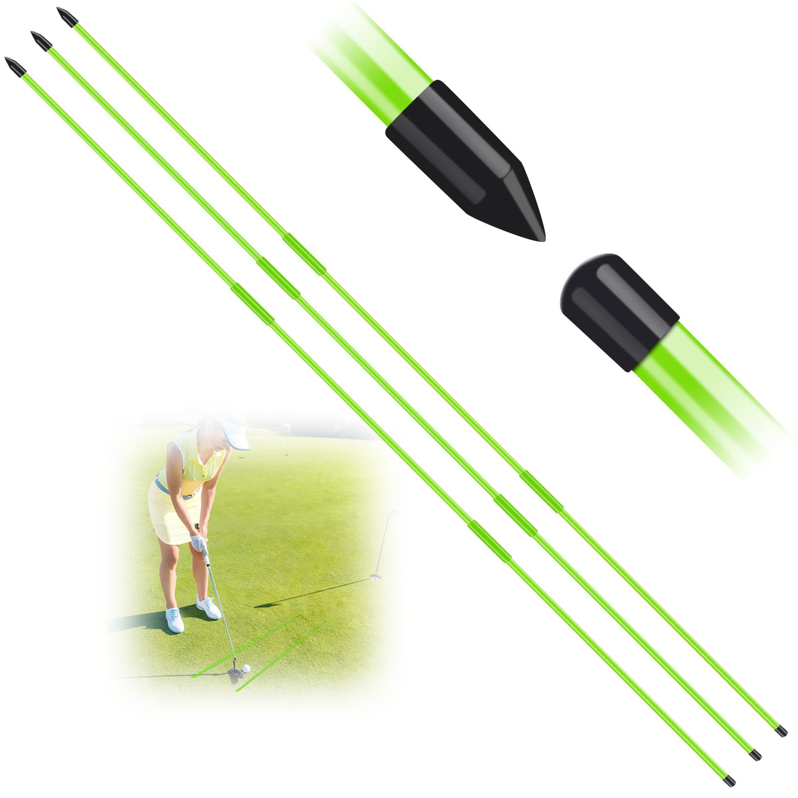 FINGER TEN Golf Alignment Stick Sticks Training Aid Rods Rod Cover Tool Swing Trainer Aids, Foldable Practice Rods Training Aiming Putting Full Swing Trainer Posture (3 Pack in Green)
