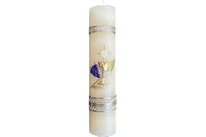 San Rafael Arcangel First Communion Candle with The Symbols of Wheat and Wine Vela de Primera Comunion con Los Simbolos Catol