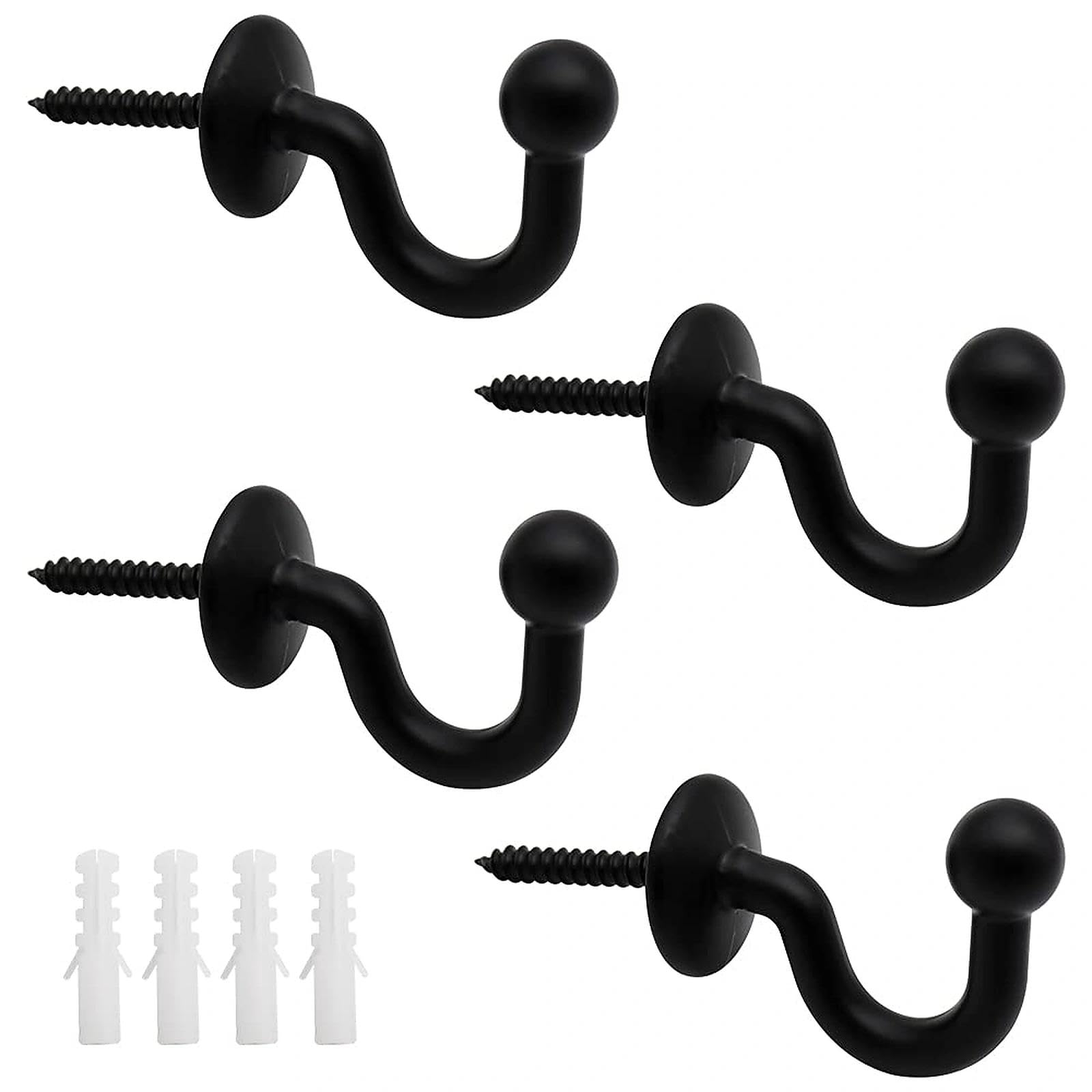 PLCatis Metal Black Finish Curtain Tie-Back Hooks, 4 pack, Elegant Design, Secure Hold, 6.4 cm x 0.39 cm, Includes Expansion Plugs