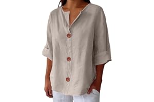 MEKOUIYE Cotton Linen Shirts for Women 2025 Summer V Neck 3/4 Sleeve Casual Button Down Blouses Vacation Beach Tunic Tops