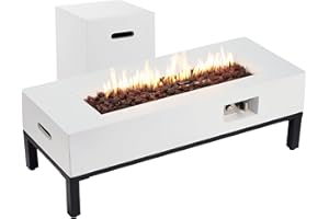 ECOTOUGE 2-Piece 42" Outdoor Rectangle Propane Fire Pit Table with Tank Holder, 50,000 BTU Concrete Fire Table with Shelves, Patio Fire Pits with Auto-Ignition, Free Lava Rocks, Fits 20lb Tank, White
