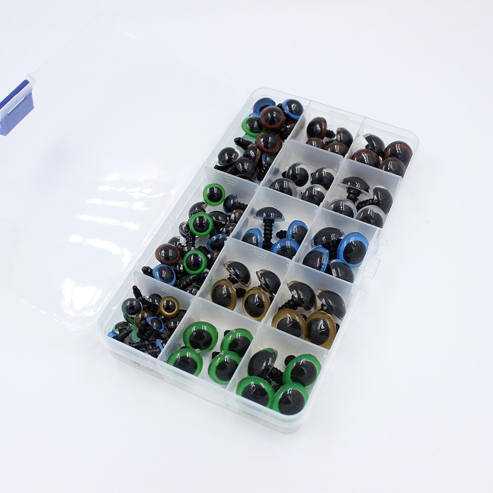 BESTTOYHOME 100pcs 10/12/14/16/18mm 5 Sizes in a Box Assorted Colors Plastic Safety Eyes for Teddy Bear Doll Animal Puppet Craft