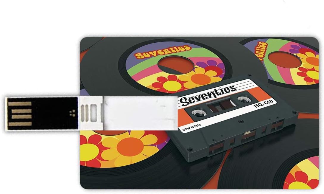 16GB USB Flash Drives Gift 70s Party Decorations Bank Credit Card Shape U Disk Memory Stick Compact Cassette and Some Vinyl Records with Seventies Text Oldschool Decorative,Multicolor Waterproof Pen T