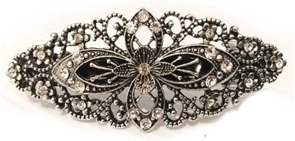 Large Antique Filigree Silver Flower Crystal Barrette Bridal Hair Clip Diamante, White, 9cm, White,Silver
