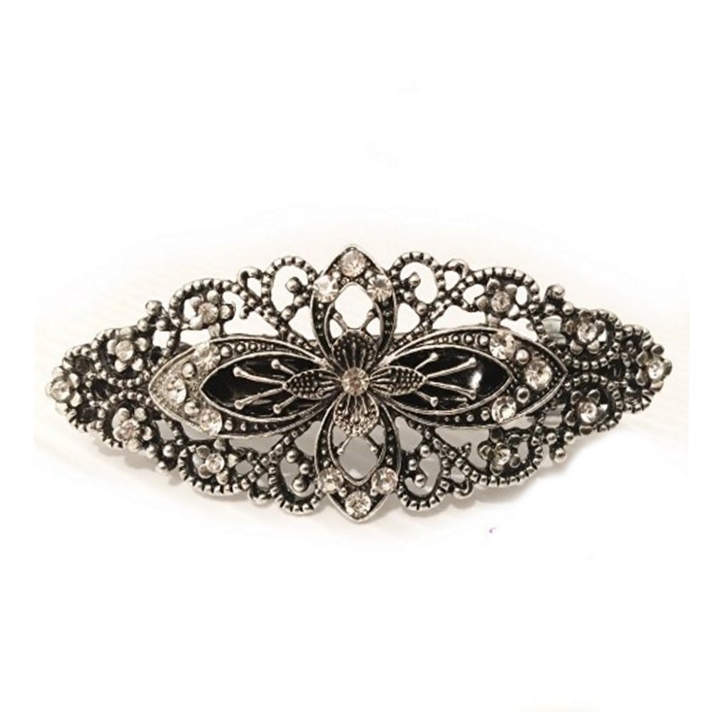 Large Antique Filigree Silver Flower Crystal Barrette Bridal Hair Clip Diamante, White, 9cm