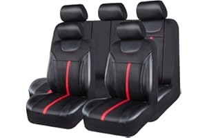 CAR PASS Sporty Carbon Leather Universal Car Seat Cover with Zipper Design, Fit for Suvs, Vans, Sedans, Trucks, Airbag Compatible (Carbon Leather Full Set, Black-Red)