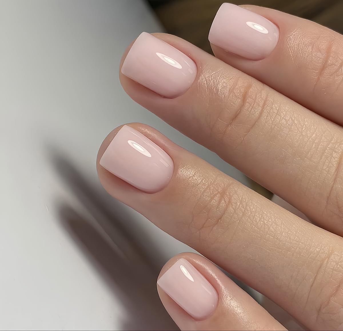 Photo 1 of Short Press on Nails Square New Year Colors, Gel Made Solid Color Pinkish-whiteGlossy Nail Decoration Acrylic Nails, False Nails Stick Glue on Nails Kit, 24 Pcs