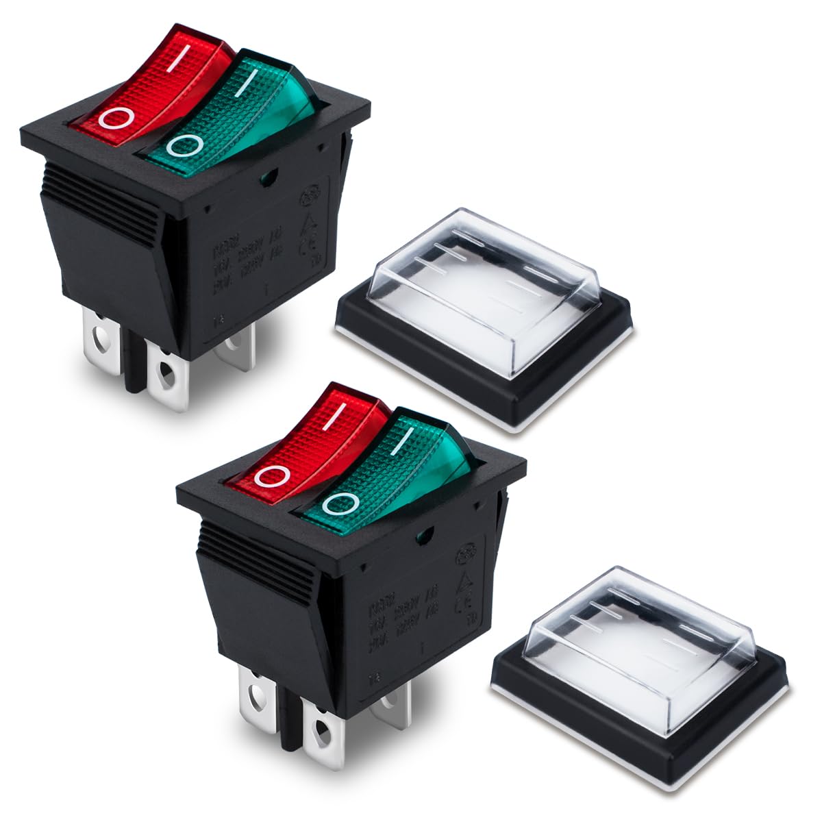 Innfeeltech 2 Pcs Mini Rocker Switch Red and Green KCD2-101 4 Pin 4 Position Toggle Switch with 2 Waterproof Caps