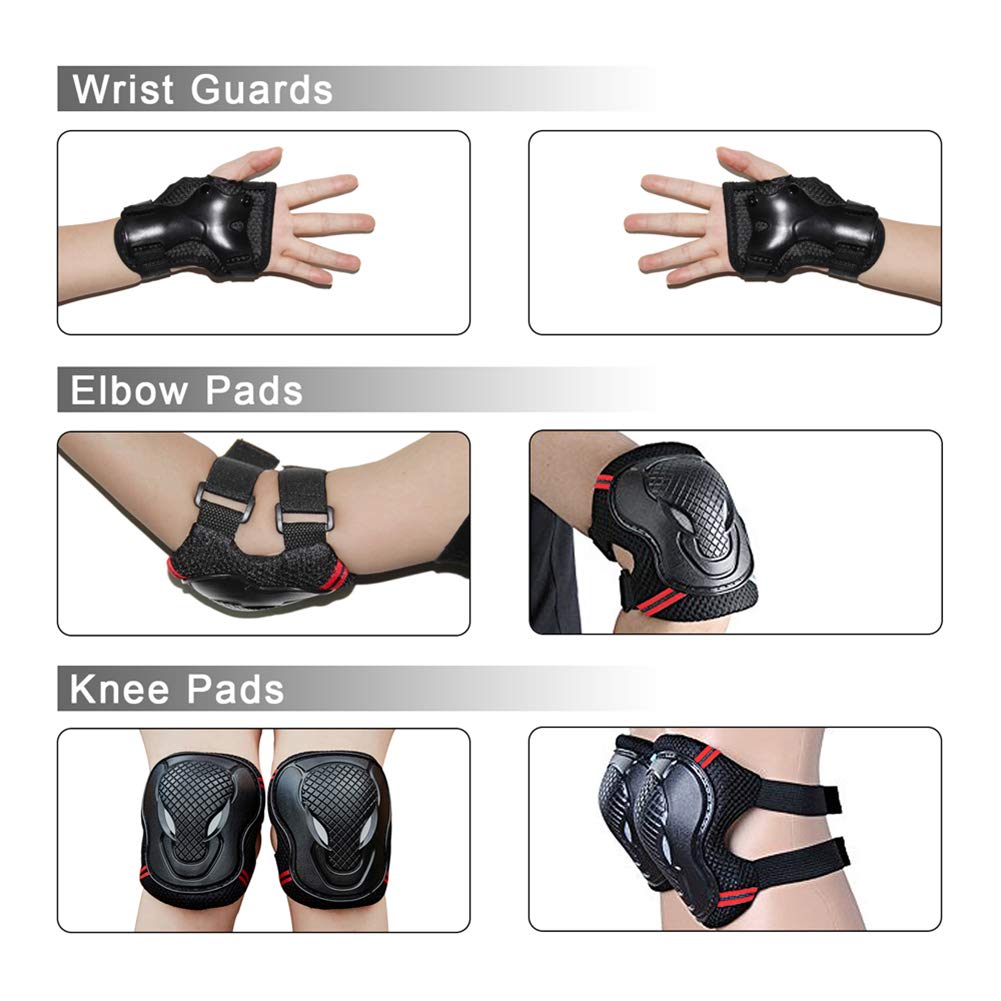 Kids Adjustable Helmet Sports Protective Gear Set Knee Elbow Wrist Pads for Roller Bicycle Bike Skateboard and Other Extreme Sports Activities (Black)