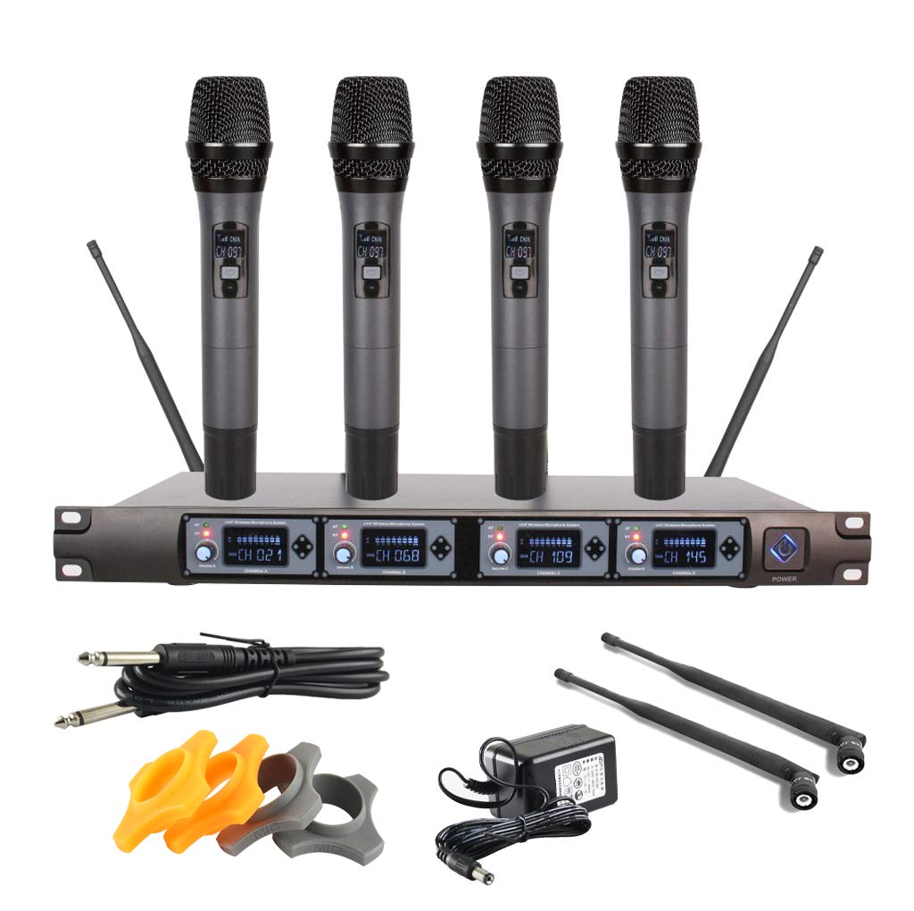 EXMAX® Professional UHF 4 Channel Diversity Wireless Microphone System with 4 Handheld Microphones 4 Mics for Karaoke/KTV/Party/Stage/Wedding/Speech …
