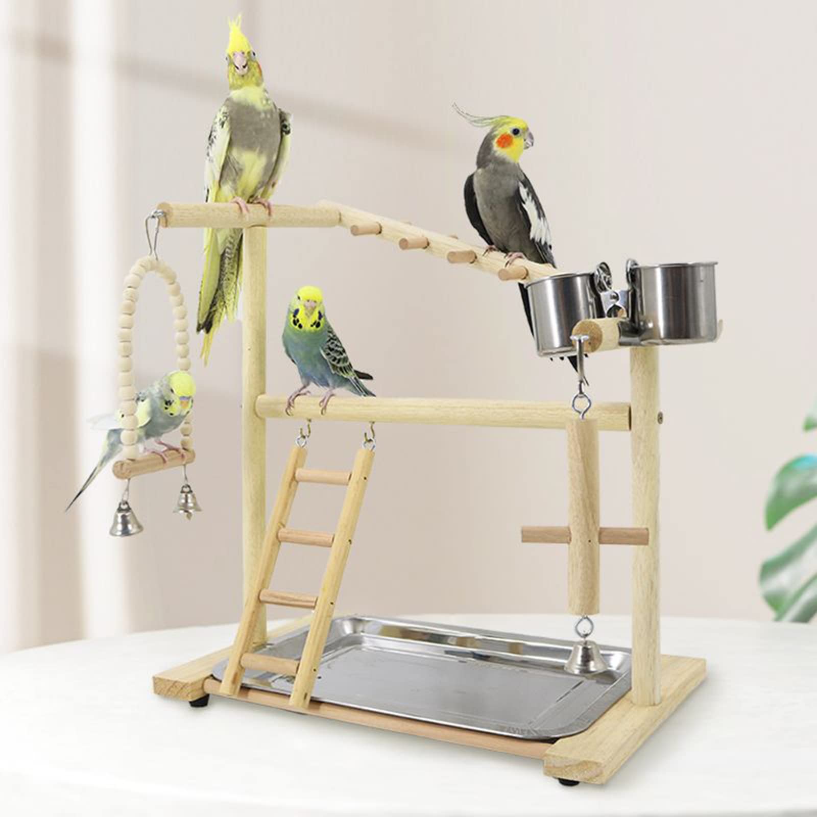 Holzsammlung Parrot Playground with Ladder, Wooden Perch Stand, Bird Play Gym & Toy Cage Accessories for Small to Middle Size Parakeets, Cockatiels, Finches, Budgies & Lovebirds
