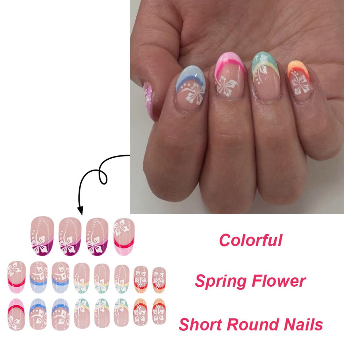 Short Flower Press on Nails Oval Fake Nails Colorful French Tip Acrylic Glue on Nails Spring Summer False Nails with White Floral Designs Glossy Stick on Nails for Women Girls 24 Pcs - Image 2