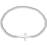 AeraVida Faithful Christian Cross .925 Sterling Silver Beaded Elastic Bracelet | 7-Inch Small Fit | Handmade Religious Symbolic Jewelry for Women
