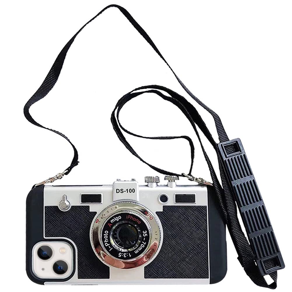 Yatchen Camera Case Compatible with iPhone 12 Pro Max, Cute 3D Vintage Camera with Lanyard Adjustable Shoulder Strap Girls Women Unique Cool Silicone PC Cover Black