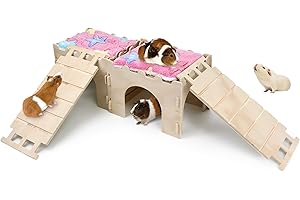 Nobgum 2 PCS Guinea Pig Hideout, Wooden Guinea Pig House with Stairs and Mats, Safe and Durable Guinea Pig Castle for Chinchilla Rat Hamster Bunny＆Small Animal