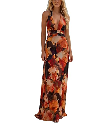 Faymlc Women Halter Neck Pleated Maxi Dress Sleeveless Backless