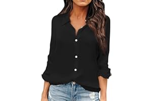 OMSJ Women Button Down Shirts Long Sleeve Chiffon Office V Neck Casual Business Blouses Tops