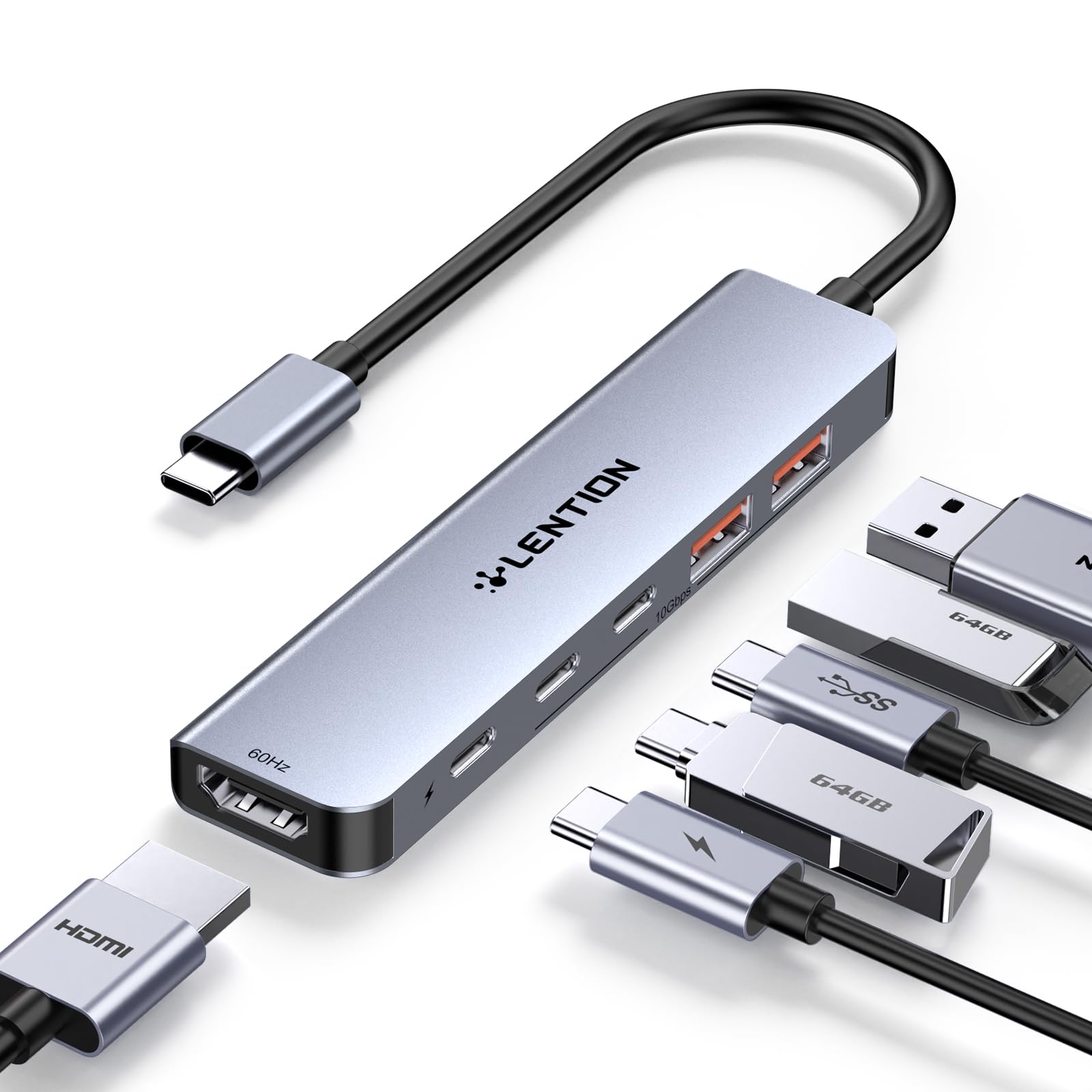 LENTION USB C Hub with 4K@60Hz HDMI, 2 USB C and 2 USB 3.2 Gen2 Transfer Data in 10Gbps Max, 100W Charging, for MacBook Pro M4, Mac Air, iPhone 15, Windows, More, Stable Driver Adapter (CE37 Gray)