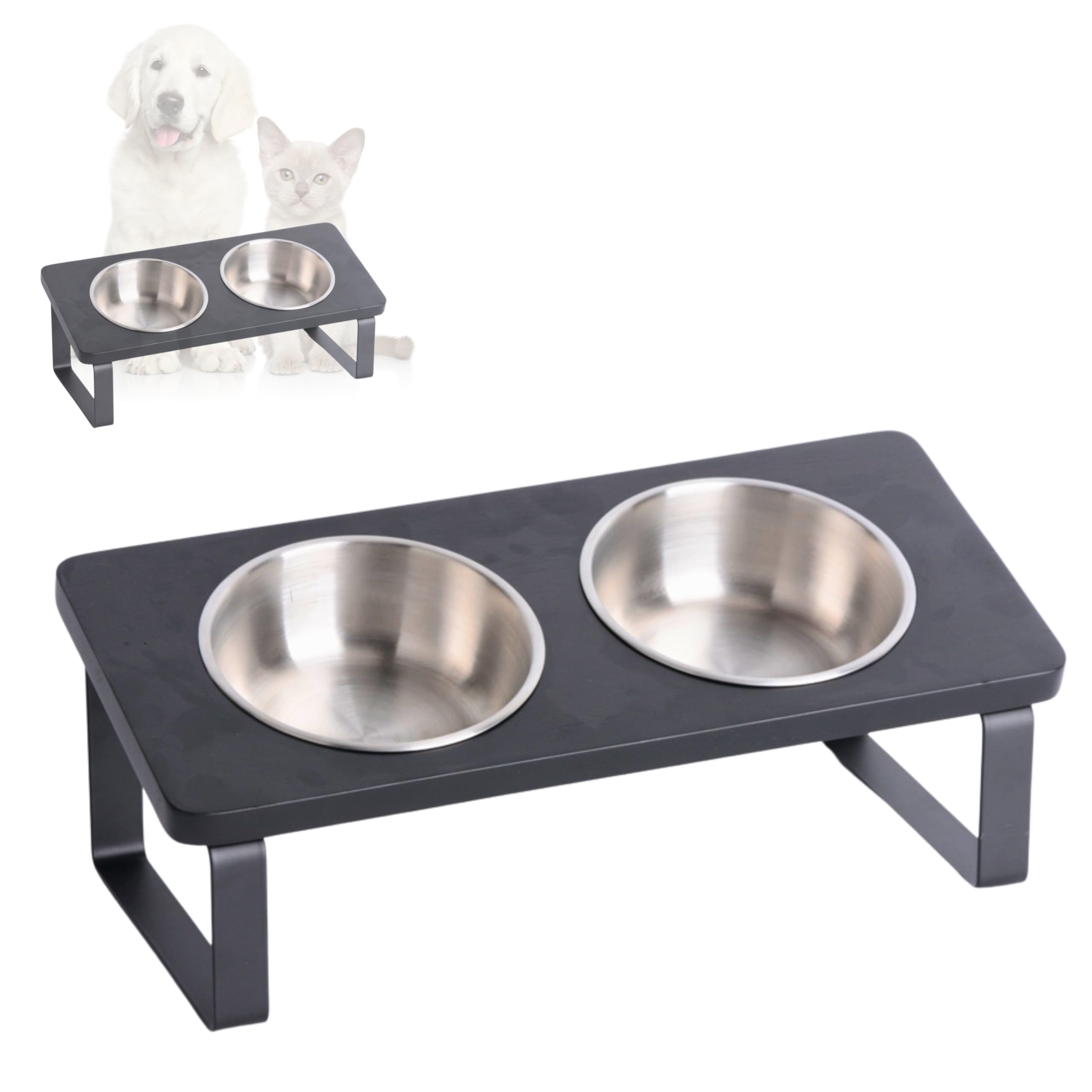 PETLINUS Elevated cat bowls, Ergonomic cat bowls with stand tilted - Dog bowls for small dogs, puppies and cats - Small Dog Water bowl or Cat Water bowl - Satainless steel and wood (Black)