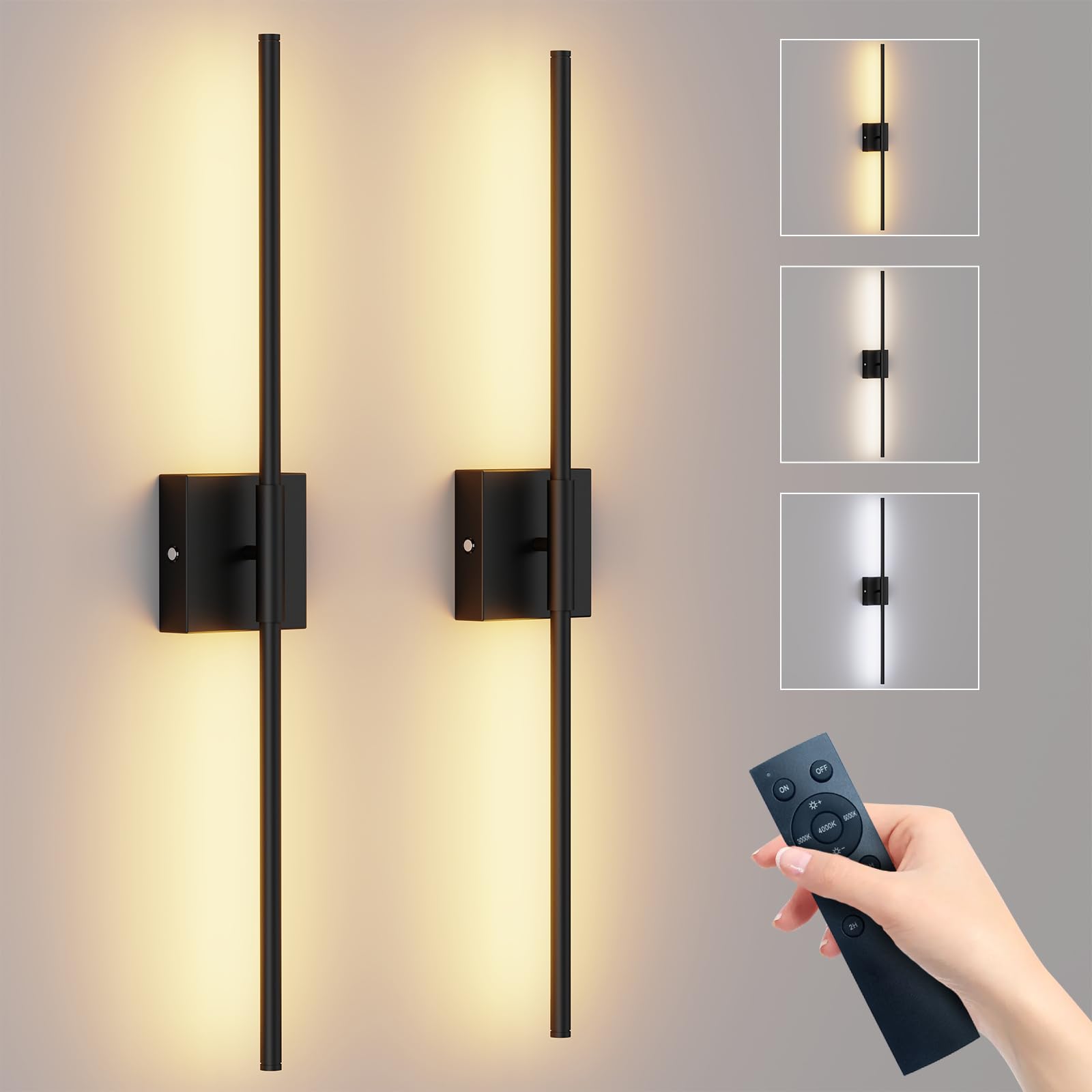 Photo 1 of Shineled Wall Sconces Set of 2, 29'' Battery Wall Sconce with Remote Control, 350° Black Rotatable Dimmable Wall Lamp, Wireless Wall Lights for Bedroom, Living Room