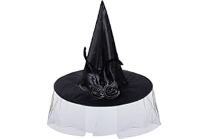 hoyuwak Witch Hat for Women Halloween Mesh Witch Hat with Veil Roses Feathers for Costume Dress Up(Black, Red)
