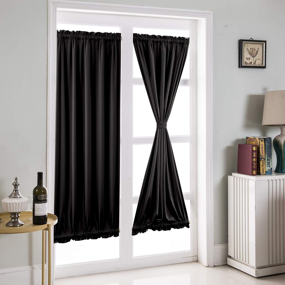 Topchances 2 Panels French Door Curtain, Pleat Blackout Curtain Panel, Thermal Insulated Curtain, Solid Decorative Window Treatment for Bedroom Living Room Kitchen (54" x 72"/2Pcs, Black)