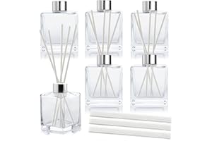 6PCS Reed Diffuser Bottle，Square Transparent Glass Reed Diffuser Empty Bottle，with 20pcs Reed Sticks,with Lids,Fragrance Repl