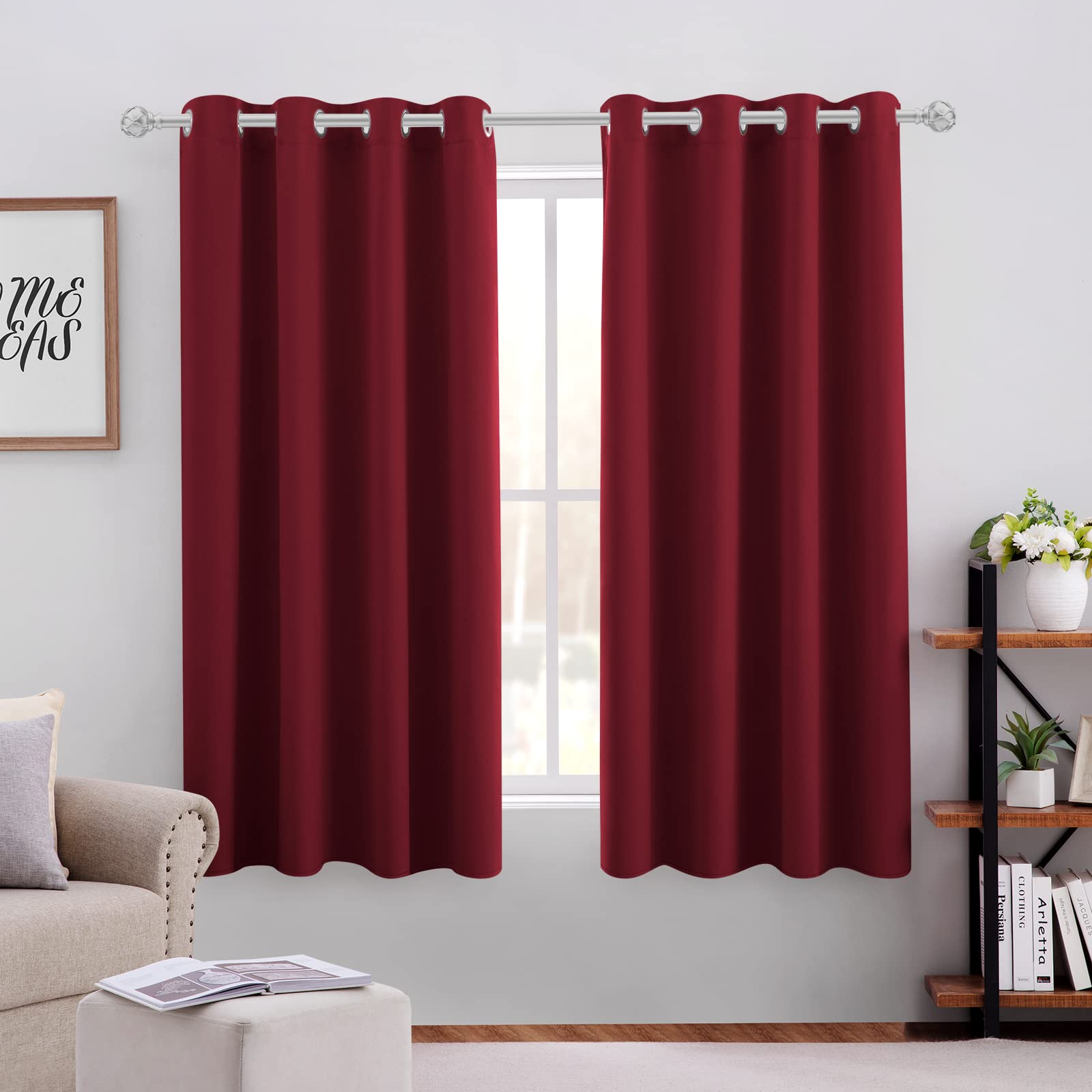 HOMEIDEAS Burgundy Red Blackout Curtains 2 Panels 52 X 45 Inch Drop Room Darkening Eyelet Curtains for Bedroom, Thermal Insulated Light Blocking Window Drapes