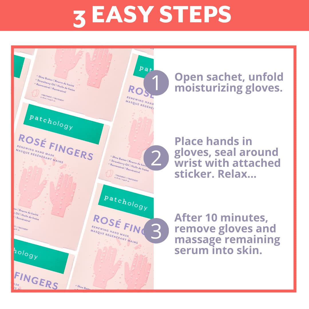 Patchology Rosé Fingers Renewing Hand Mask - Strawberry-Scented Moisturizing Gloves with Shea Butter for Dry & Cracked Hands, Repairing Hand Treatment for Baby Soft Skin, Self-Care Essential - 1 Pair
