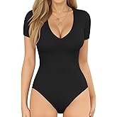 MANGOPOP V Neck Bodysuits for Women Short Sleeve Body Suits Basic Top Casual Shirt