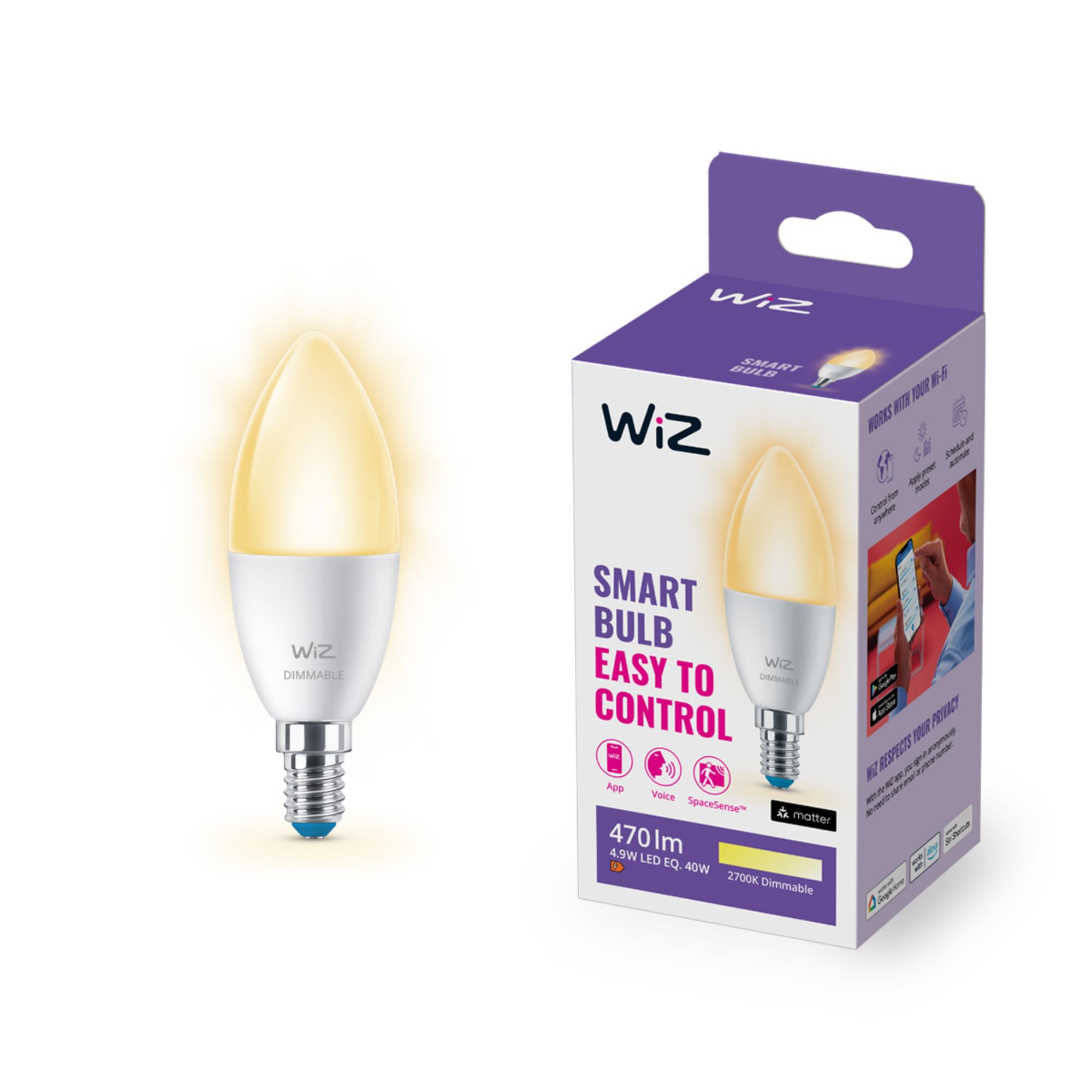 WiZ Smart Candle LED Bulb, E14, Smart Dimming LED, Connected WiFi Works with Alexa, Google Assistant & HomeKit, App Control for Livingroom, Bedroom, Dining Room, Energy Monitoring