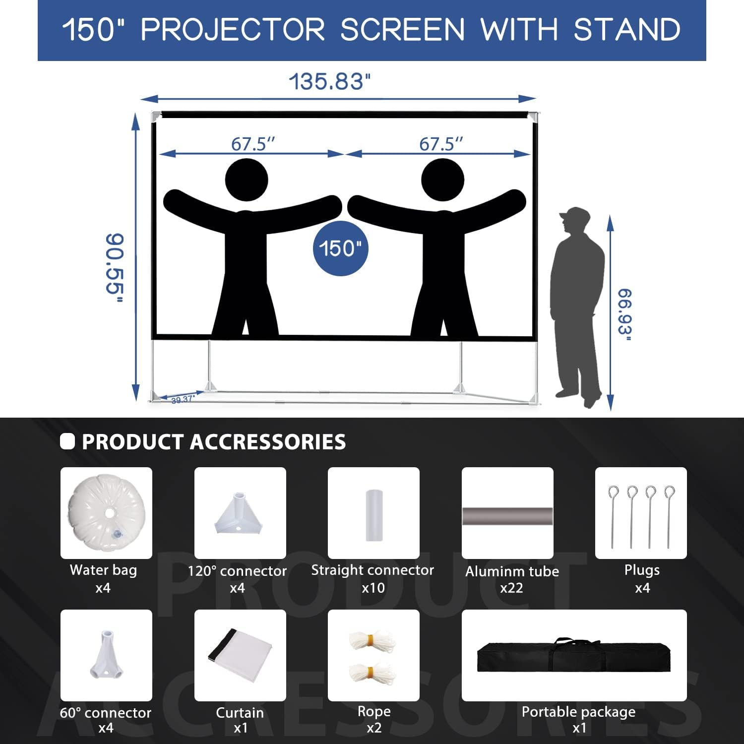 Projector Screen and Stand 150 inch Large Outdoor Projection Screen 16:9 HD 4K Portable Projection Movie Screen with Carry Bag Foldable Anti Crease Windproof Design for Home Theater Backyard Cinema