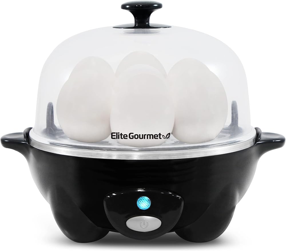 Elite Gourmet EGC-007B# Rapid Egg Cooker, 7 Easy-To-Peel, Hard, Medium, Soft Boiled Eggs, Poacher, Omelet Maker, Auto Shut-Of