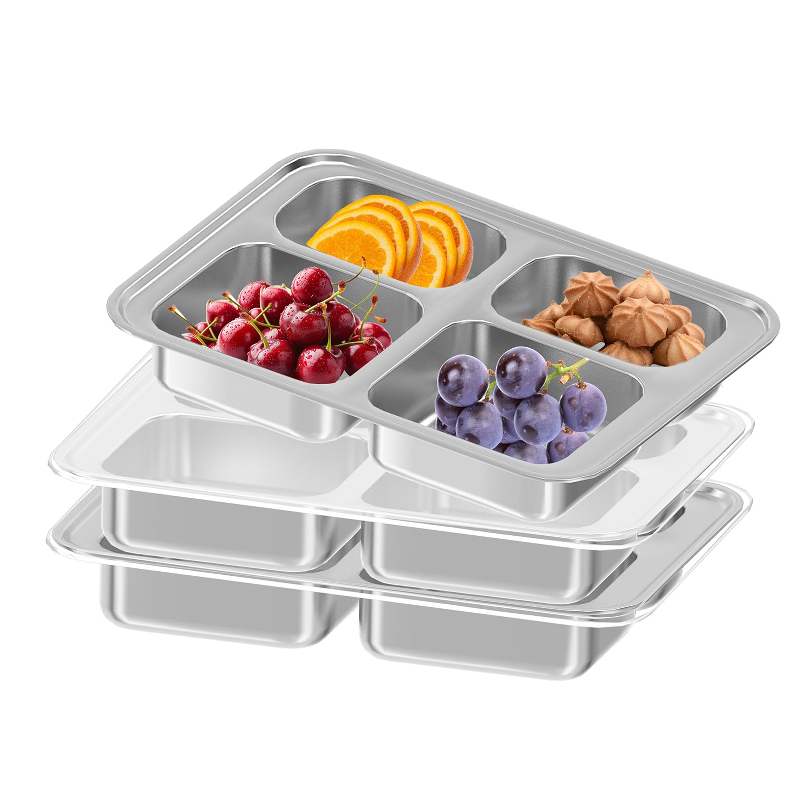 Photo 1 of 3 PCS Stainless Steel Snack Containers with Clear Lids, Reusable 4 Compartments Lunch Box Divided Food Storage Containers for Home Meal Prep Work Travel Camping Road Trip