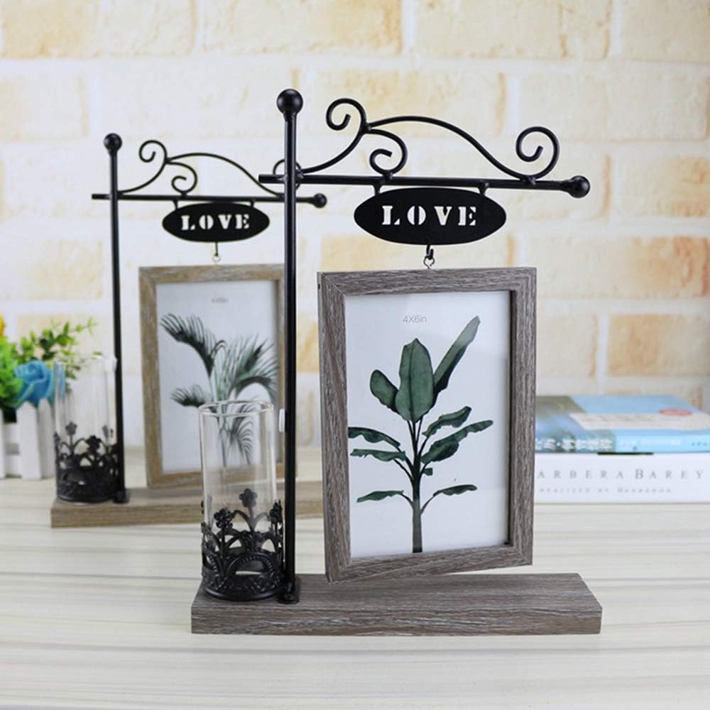 Garden Decoration Unique Family Piture Frame 4x6 Vertical Metal Tree Desk Photo Frames with Glass Terrarium Vase Flower Plants (Love)
