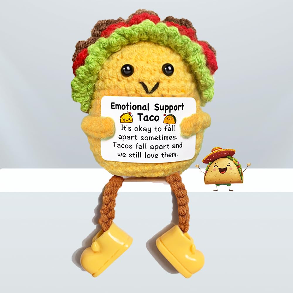 Photo 1 of AicooFest Mini Emotional Support Crochet Taco Gifts Positive Crochet Animals Taco for Women Friends Handmade Knitted Plush Stuffed Animals Funny Cute Christmas Stocking Stuffers Encouragement Gift