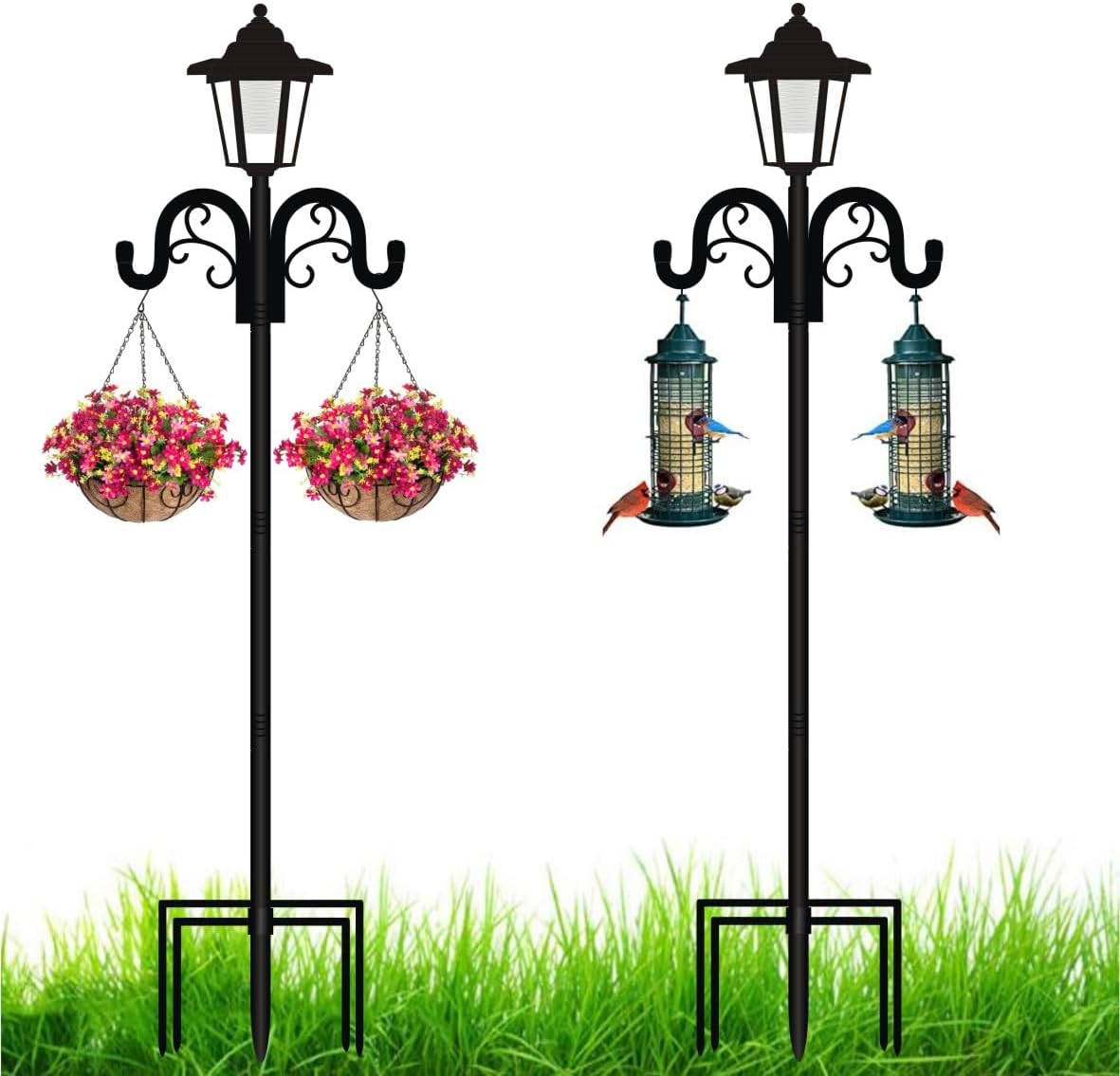 Outdoor Shepherd's Hooks - XKMHWJ 2 Pack Garden Shepherds Hooks with Solar Light, Bird Feeder Pole Garden Flag Pole Lawn Yard Flag Holder Stake for Outside Solar Light Hanger Baskets Holder Stand Wedding Decor (60inch-A)