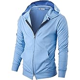 Ohoo Mens 100% Cotton Hoodie Two Way Zipper Slim Fit Wide Hood Thin Lightweight Full Zip Hooded Sweatshirt