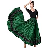 SANCAN Women's Green Long Mexican Folkloric Flamenco Dance Skirt with Ruffles for Party Class Performance Full Dancing Circle